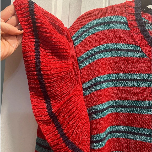 Anthropologie‎ Harlyn Red Blue Striped 
Ruffle Shoulder Sweater. Size Medium. - Picture 7 of 14